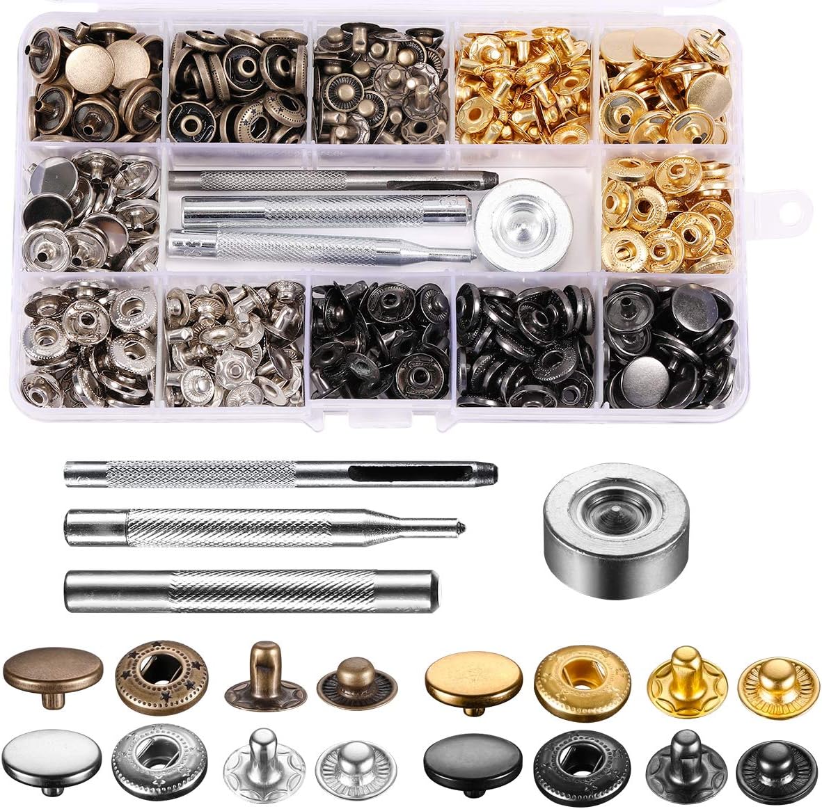 Leather Snap Button Fasteners Kit - Happon 120 Sets Metal Snap Kit with Punch Hole Pliers Press Rivets Repair Tool for Sewing Clothing Jeans Jacket - 4 Colors Snaps Studs Replacement