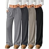 Velvelhall 4 Pack Women's Lounge Pants Comfy Wide Leg Yoga Pant Drawstring Loose Baggy Sweatpants Open Bottom with Pockets
