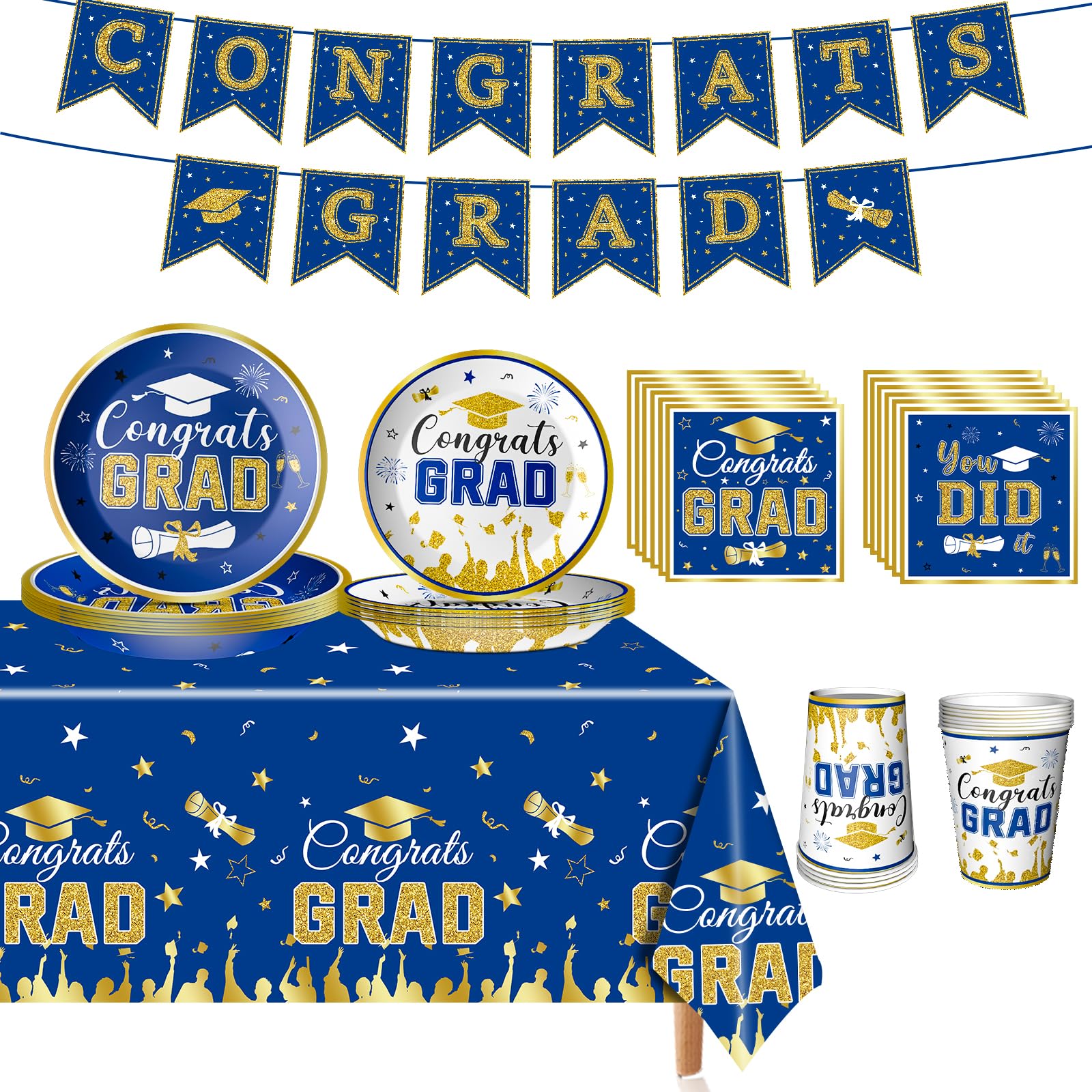 Photo 1 of BSOMAM 2025 Graduation Party Decorations, Blue and Gold Decorations Party Supplies with Paper Plates, Napkins, Tablecloth, Cups, Banner for Grad Favors Supplies, Grad Tableware Kit Serves 24