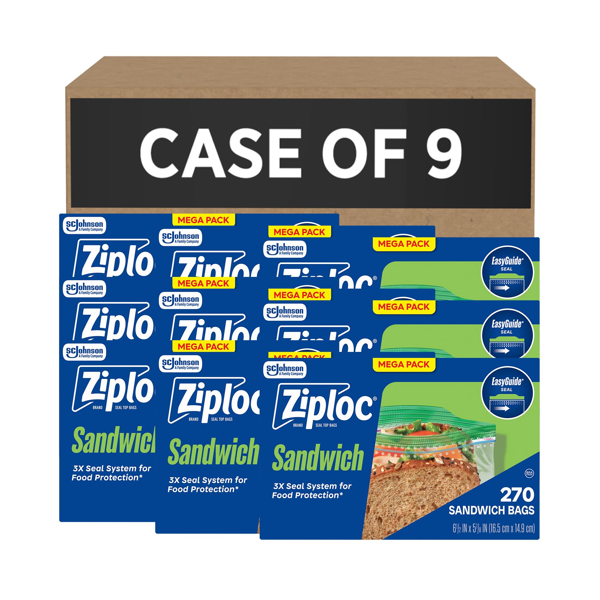 Ziploc Sandwich and Snack Bags, Easy Open and Close, Plastic Food Storage Bags, 270 Bags Total (Packaging May Vary), Pack of 9