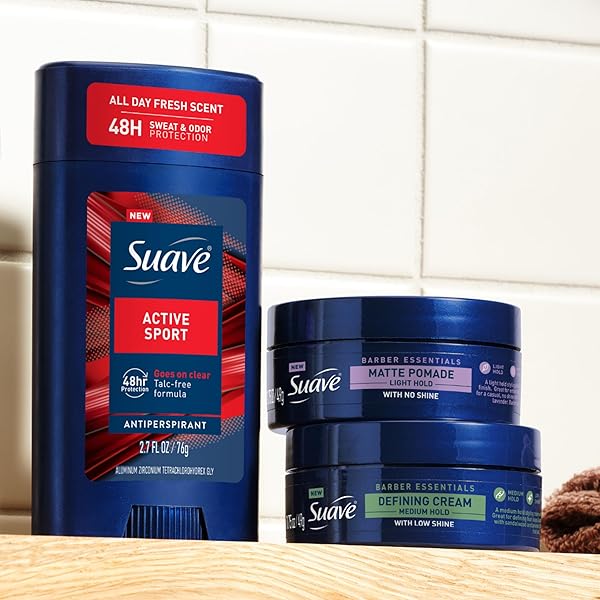 SUAVE HAIR POMADE FOR MEN BARBER ESSENTIALS STYLING, LIGHT HOLD AND NO SHINE, FOR ENHANCING HAIR SHAPE AND REDUCING FRIZZ, 1.75 OZ