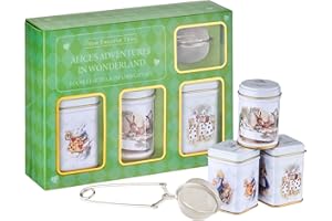 New English Teas Loose Leaf Tea & Infuser Gift Set – 3 Alice in Wonderland Tins with Breakfast, Earl Grey & Afternoon Blends 
