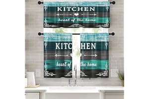 Tayney Farmhouse Rustic Kitchen Window Curtains Valance and Tier Set 36 Inch, Teal Turquoise Grey Rod Pocket Short Tier Curtain for Bathroom, Wooden Vintage Small Cafe Drapes for Kitchen Decor