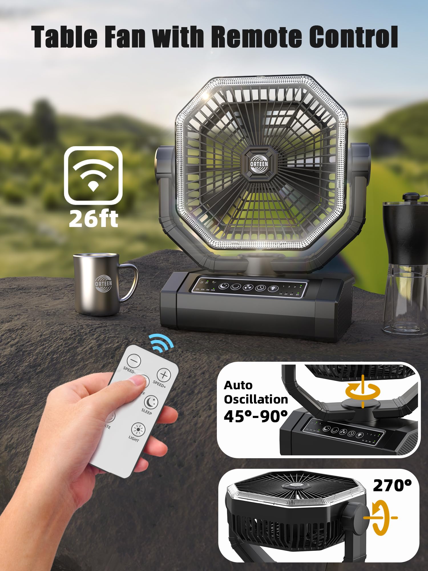 Portable Rechargeable Fan - 9-Inch Camping Fan for Tent, 20000mAh(60Hrs) Battery Operated Fan for Camping, Auto Oscillation Cordless Fans, Tent Fans with Remote/Light, 4 Speeds, 4 Timing, Outdoor