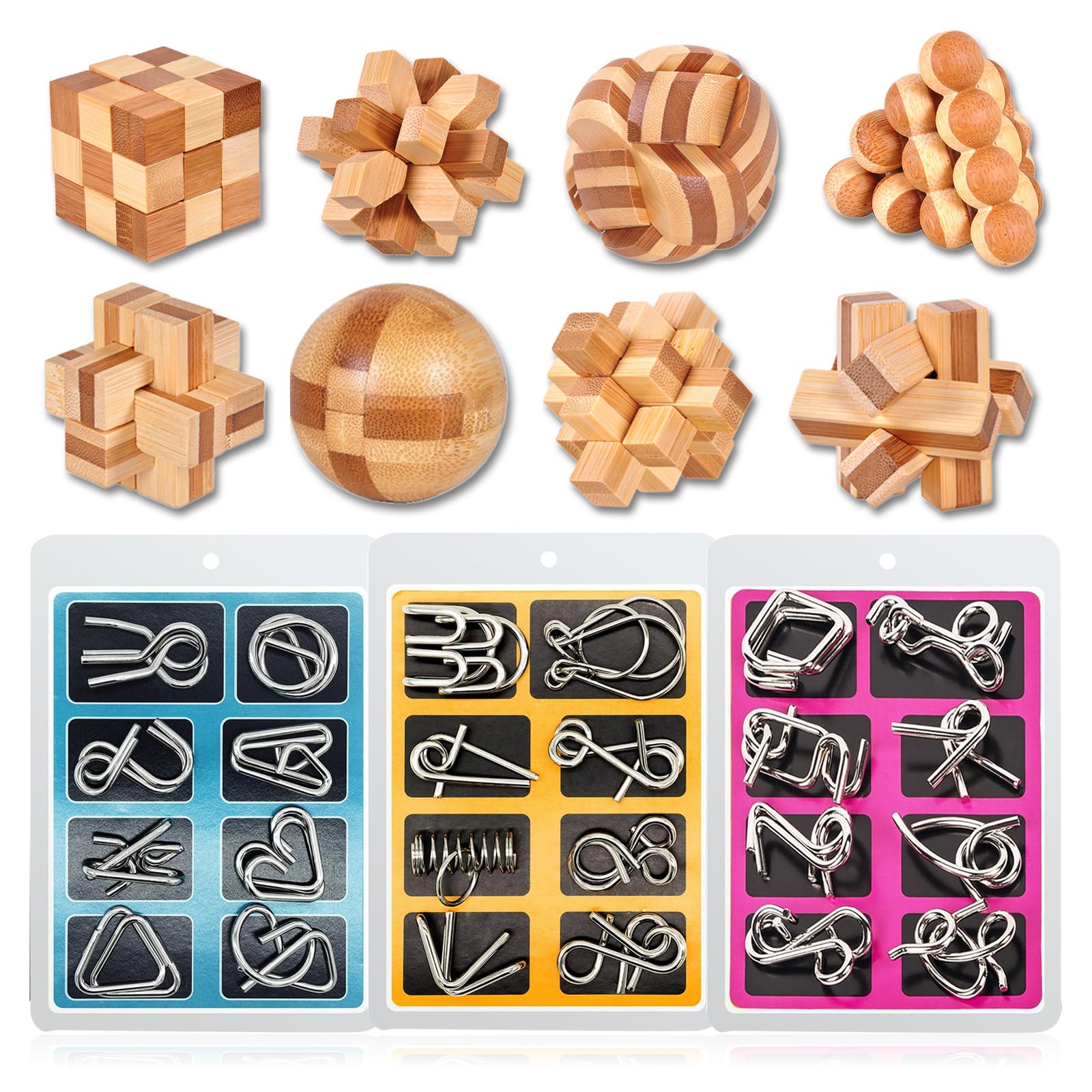 WishesMar 32 Pcs Wooden Brain Teaser Puzzles and Metal Wire Brain Teaser Set Logic Mind Educational Toy - Assembly Disentanglement Puzzles Interlocking Lock Games Gift for Kids and Adults - Set