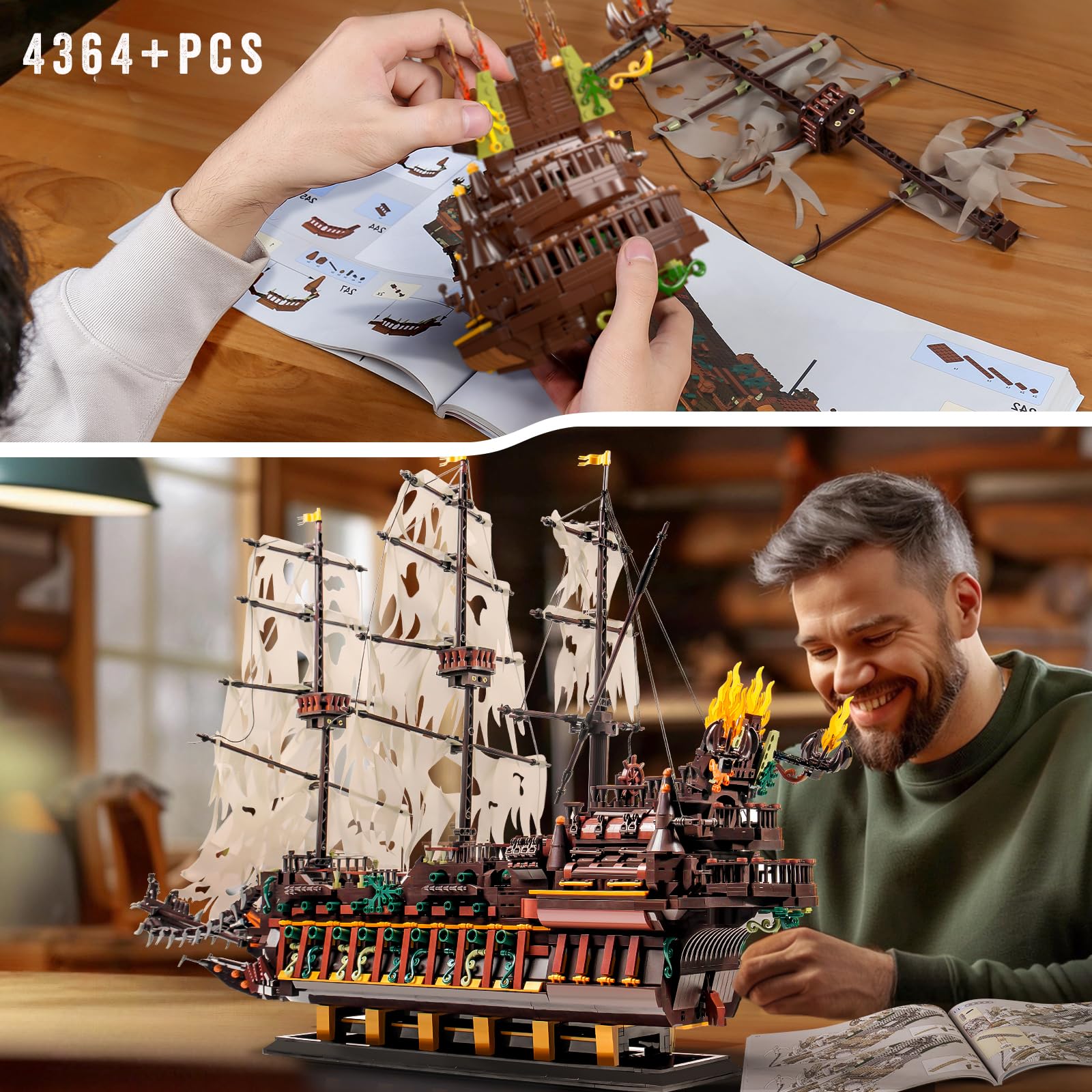 Mould King 13197 Piratenschiff Klemmbausteine Bausteine Kit, 4364+ Stück MOC Fliegenden Holländers groß Segelschiff Spielzeug, Schiff Modell Bausatz für Teenager 14+ /Erwachsene 7