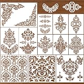 Large Damask Stencils for Painting Wall - 12 Pcs Textured Border Reusable Painting Template for Wooden Home Decoration, Textured Damask Plastic Drawing Templates for Wooden Wardrobe Wall Decorations