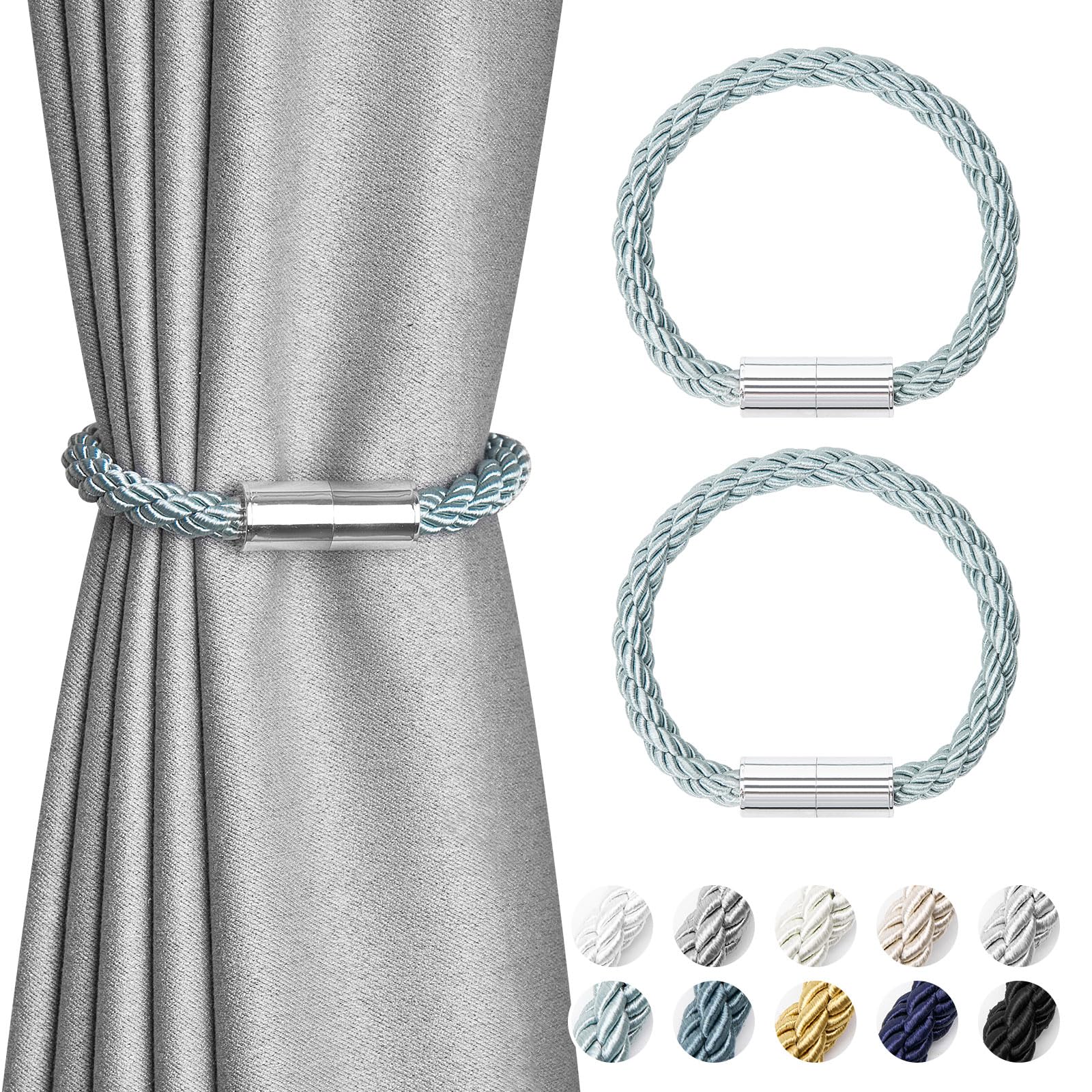 Pretty Jolly 2 Pack Mini Magnetic Curtain Tiebacks Modern Simple Style Drape Tie Backs Elegant Decorative Weave Rope Curtain Holdbacks for Home & Office Thin Window Draperies (Blue-grey)
