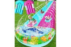 OHMANHE 33FT Slip Lawn Water Slide for Kids Adults, Extra-Long Double Lanes Heavy Duty Slides & Side Fences, Giant Water Slide with Splash Pool, 2 Inflatable Bodyboards, Slip Backyard Summer Water Play Toy