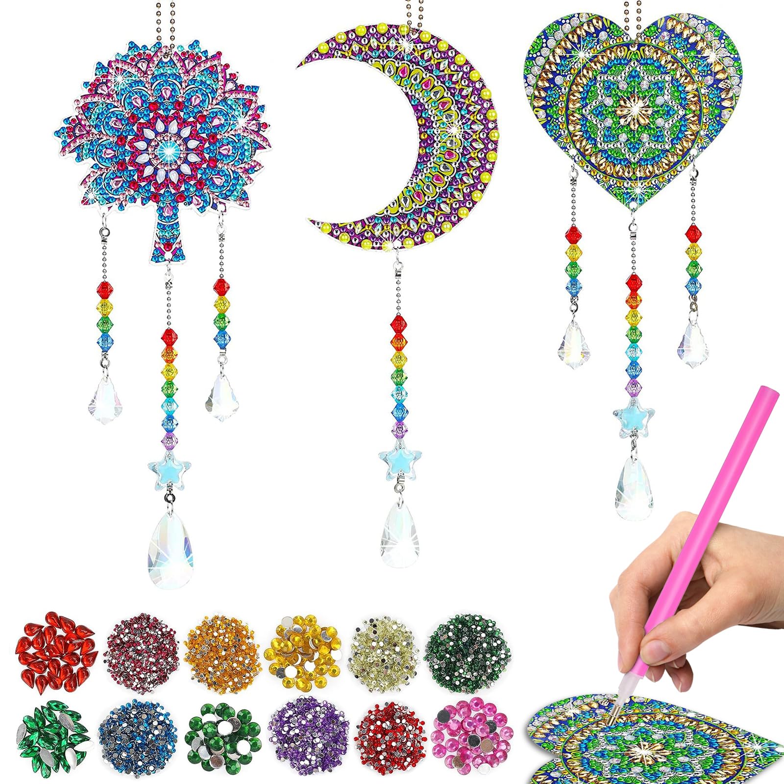Diamond Painting Sun Catcher Wind Chime Children's Wind Chime Craft Set Girls 7 8 9 10 11 12 Years Double-Sided 5D Diamond Painting Pendant Creative Craft Set Toy for Gift Girls