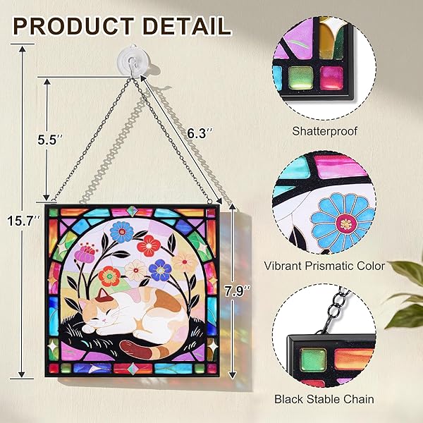 CAT STAINED GLASS WINDOW HANGING, 7.9″ SQUARE SUNCATCHER WITH CHAIN SUCTION CUP, CUTE KITTEN SUN CATCHERS INDOOR WINDOW, COLORFUL CAT DECOR FOR WALL, PORCH, BIRTHDAY, SLEEPY CALICO