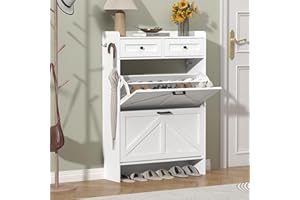 Thacuok Shoe Cabinet with 2 Flip Drawers & 2 Storage Drawers, Rustic Farmhouse Narrow Shoe Organizer Cabinet, Slim Shoe Rack Cabinet, Shoe Storage Cabinet for Entryway, Hallway, Front Door