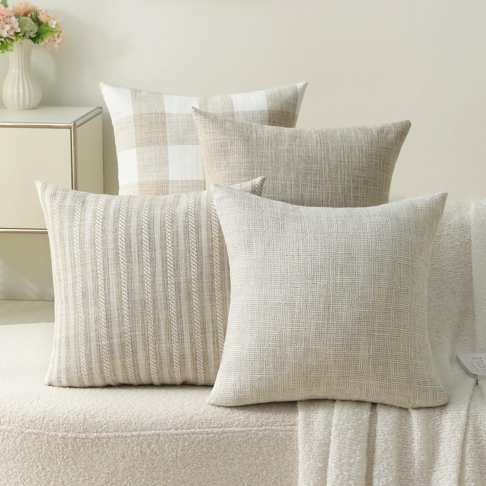 Photo 1 of Linen Check Decorative Pillow Covers 18x18 Inch Set Of 4, Boho Throw Pillow Covers Square Couch Pillow Soft Accent Farmhouse Cushion Cover w/Hidden Zipper for Couch Sofa Bedroom Living Room Home Decor