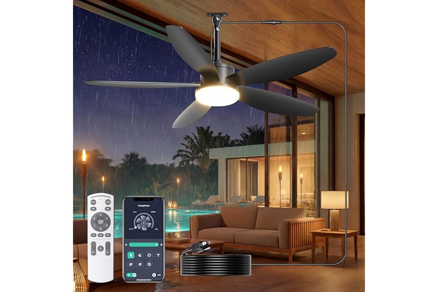 Phylluz Outdoor Ceiling Fan with Lights, 42 Inch Plug in Gazebo Fans with Remote APP Control, Quiet DC Motor, Dimmable 3CCT, Waterproof Hanging Fans for Patios, Porch, Black