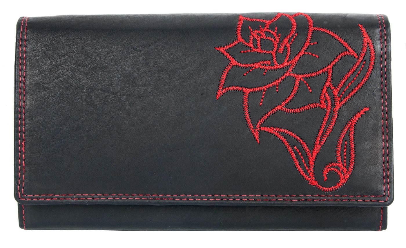 Leather Black and Red Wallet with Embroidered Red Roses