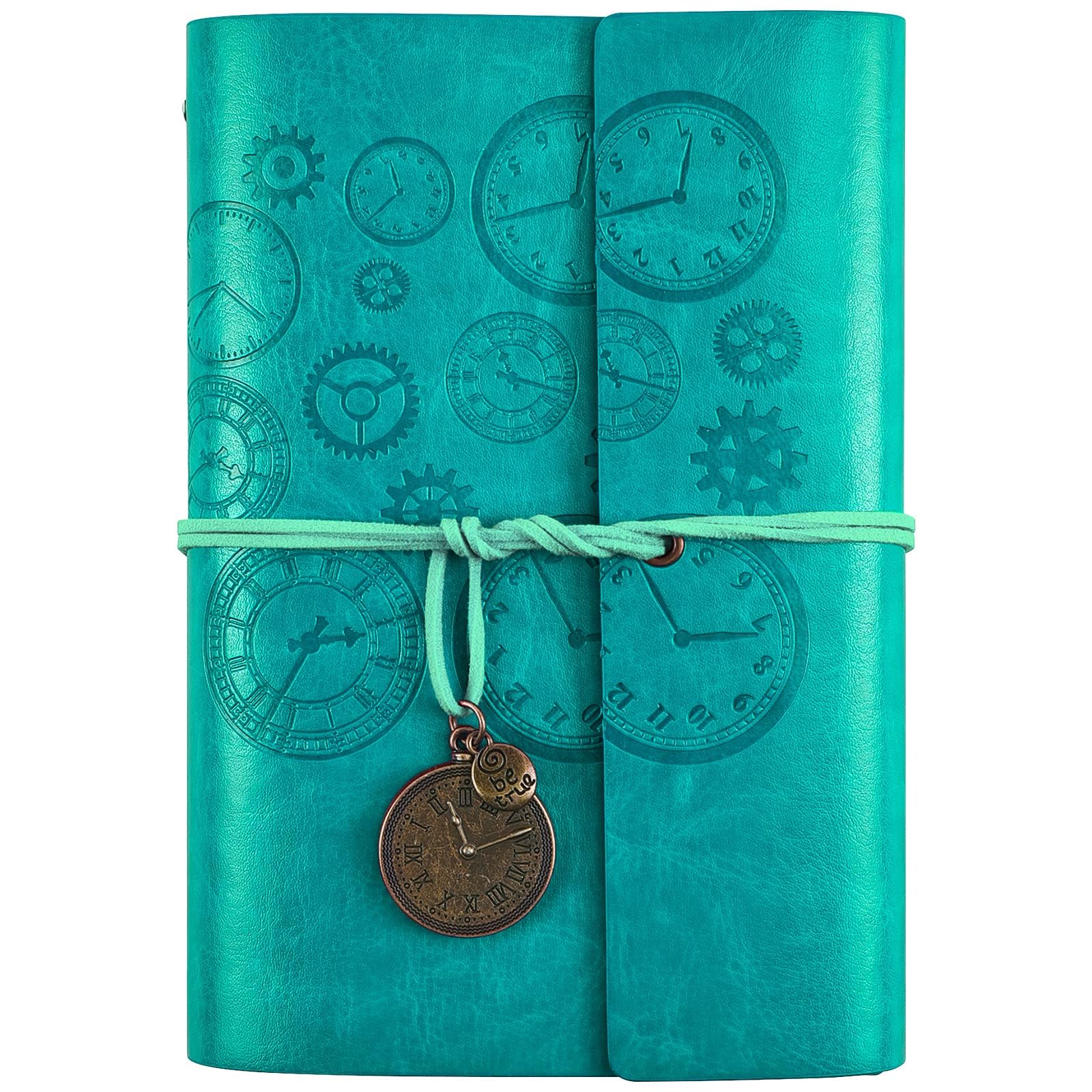 Leather Notebook, Refillable Journal Notebook with Lined Pages Vintage Writing Travelers Notebook Spiral Bound Journal, Gift for Men and Women Classic Embossed Retro Pendants 18 x 13 cm（A6, Blue)