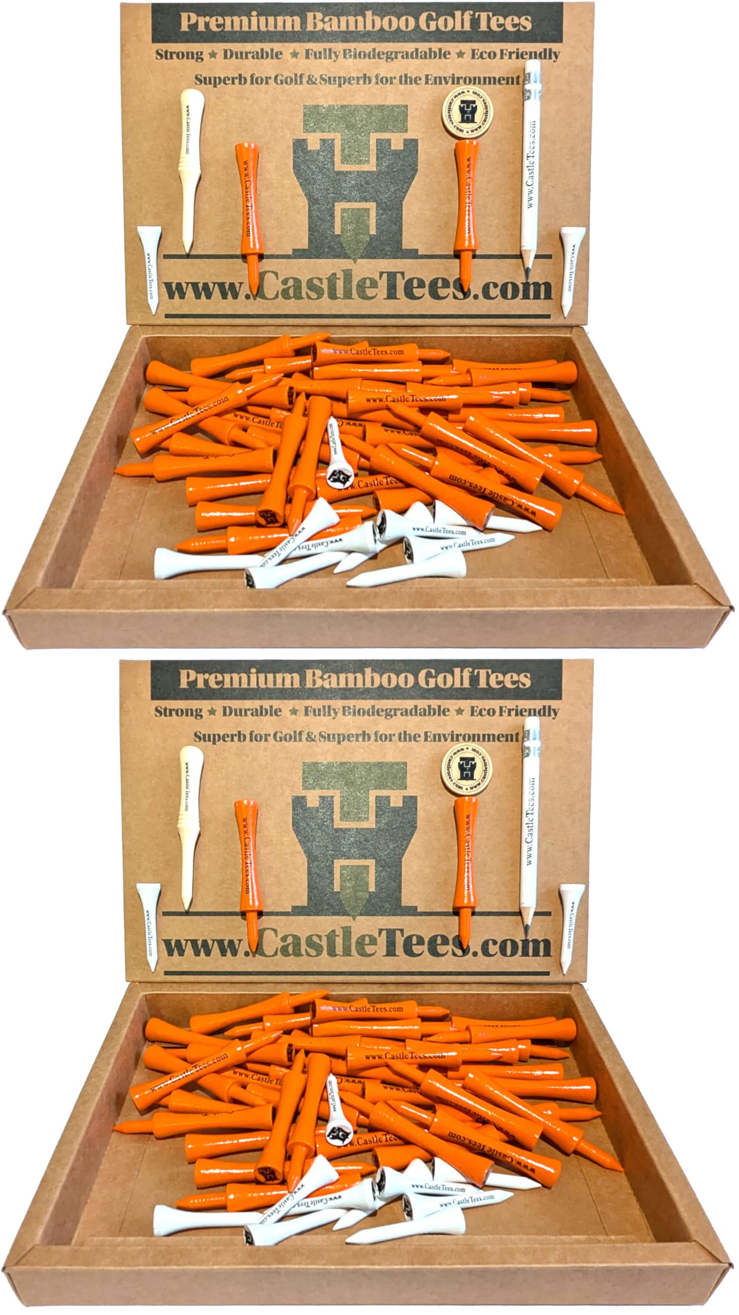 Castle Tees Orange 2 Pack – 100 pcs x 70mm 2 ¾ inch Orange Premium Bamboo Golf Tees Free Pitch Repair Tool, Ball Marker & Pencil. Twice the Strength of Regular Bamboo Very Strong. Great Golf Gift.