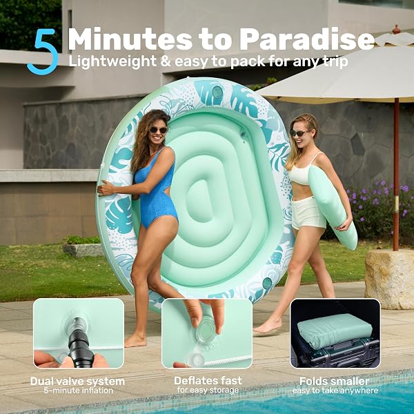 SLOOSH INFLATABLE TANNING POOL LOUNGER FLOAT, 72″ X 56″ POOL FLOATS ADULT WITH PILLOW, 4 IN 1 ROUND SUNTAN TUB RAFT FLOATIE,SUNBATHING BED LOUNGE FOR WATER BLOW UP BALL PIT PARTY GIFTS, CYAN