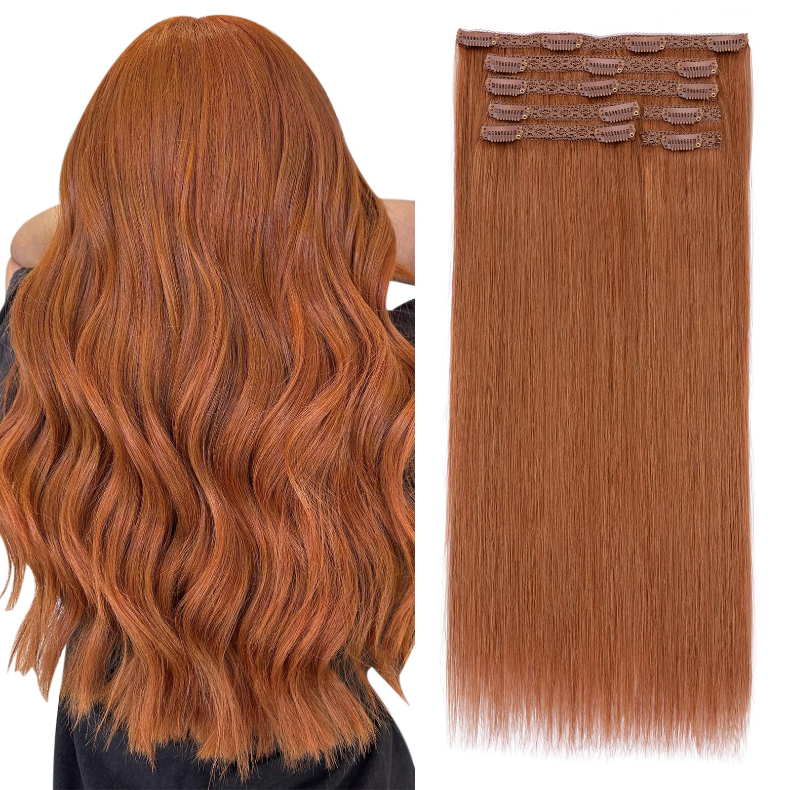 Photo 1 of Elailite Clip in Hair Extensions Real Human Hair, Remy Hairpieces for Women, 7PCS Lace Weft Full Head, 22 Inch 130g Dark Auburn Copper Red
