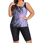 Hanna Nikole Women's Plus Size Tummy Control Tankini Swimsuits Color Block Bathing Suits with Shorts Knee Length