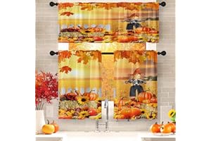 Arttown Fall Sunset Orange Pumpkin Kitchen Curtains with Valance and Tier Sets 36 Inch, 3 Pieces Sunflower Scarecrow Rod Pocket Drapes Window Treatment Curtains for Kitchen Over Sink Dining Room Decor