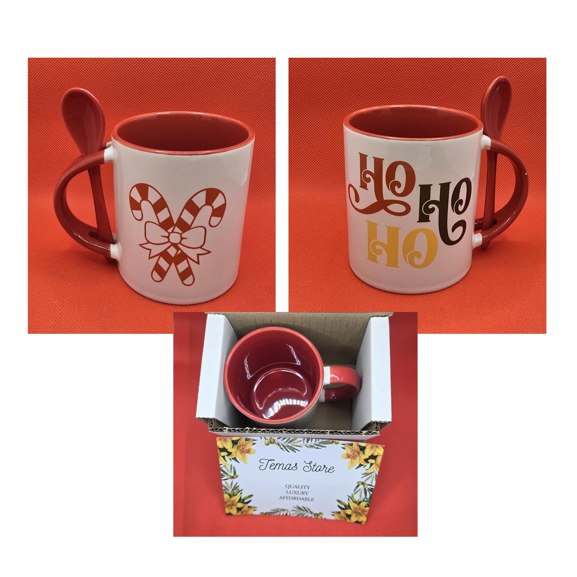 Temas Store 11 Oz Coffee Mug with Spoon | Ceramic Red Handle Coffee Mug Gifts for Women and Men | Two-Tone Mug with Spoon in Handle (Multi)