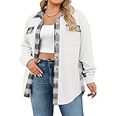 IN'VOLAND Womens Plus Size Corduroy Shacket Jacket Plaid Button Down Shirts Boyfriend Casual Long Sleeves Blouses Tops