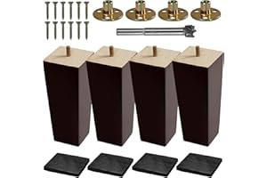 VASGOR Set of 4 Wood Furniture Legs (Drill Bit Included) - Square Sofa Legs, Couch Leg - Brown Mid-Century Modern Replacement Legs for Armchair Recliner Coffee Table Dresser (6")
