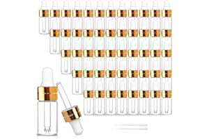 Comrzor 50 Pack 3ml Clear Glass Dropper Bottles with 2 Pcs Plastic Droppers, Mini Sample Dropper Bottles for Essential Oils Perfume Cosmetic Liquid, Empty Travel Sample Vials with Gold Cap