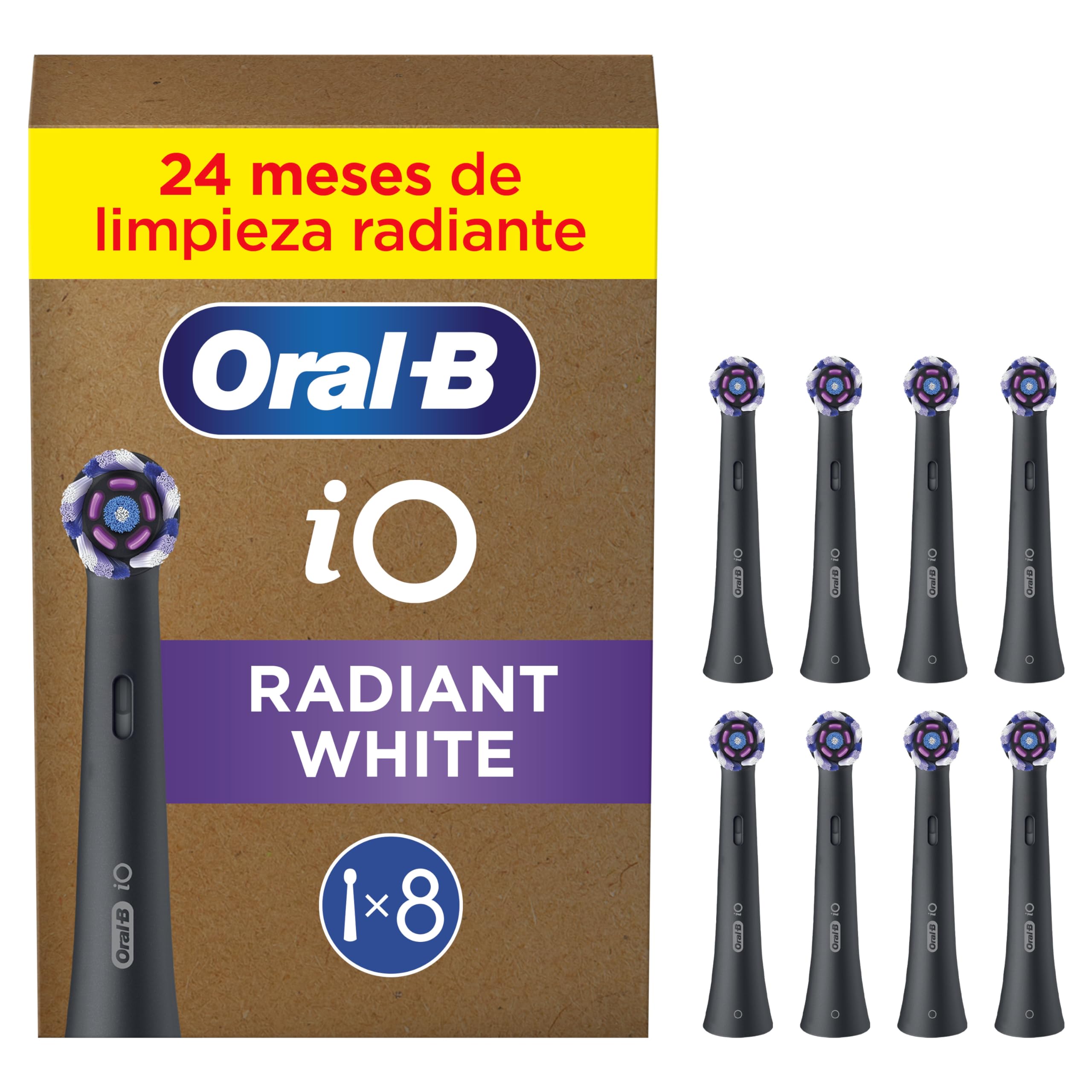 Oral-B Series iO Radiant White Cabezales De Recambio ORIGINALES, Pack de 8 Recambios Negros Para Cepillos De Dientes Eléctricos Oral-B iO, Blanqueamiento Dental, Eliminación De Manchas