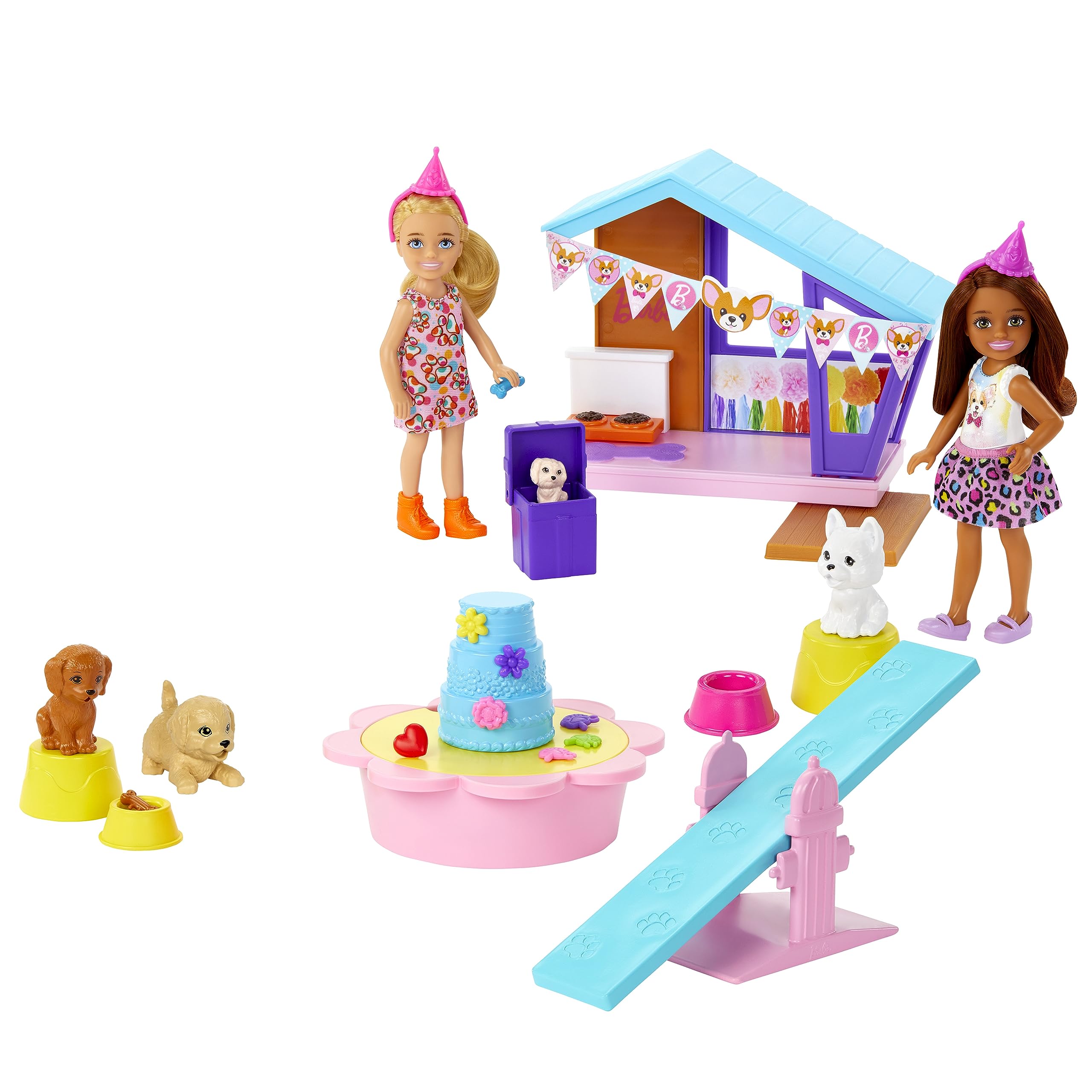 Barbie Chelsea Dog Party Two Dolls with Pets and Play Set with Accessories, Toy +3 Years (Mattel HJY88)