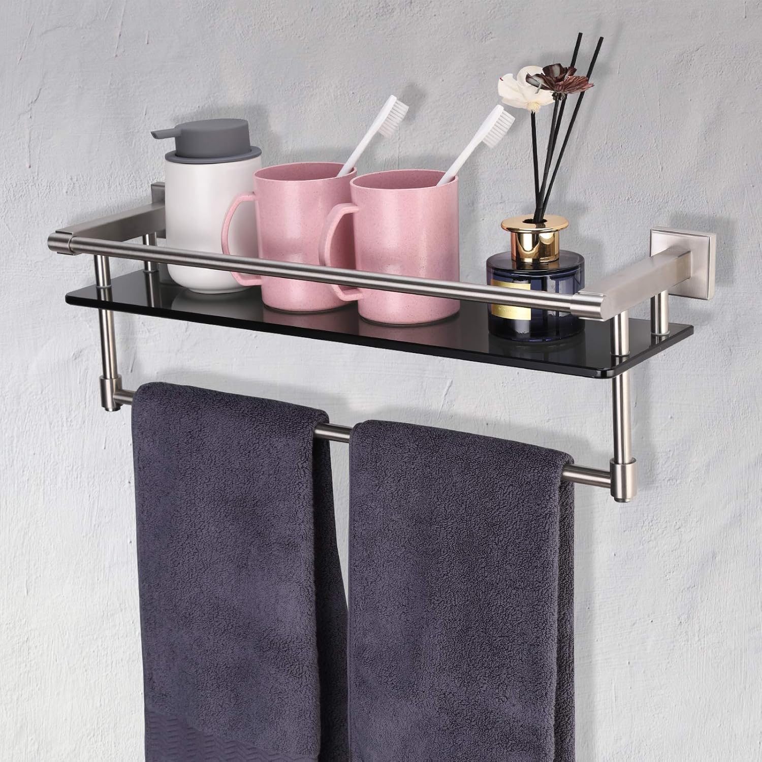 Bathroom Glass Shelf with Towel bar 20.8"x 5.9" Tempered Glass Shelf SUS 304 Stainless Steel Wall Mount (Brushed Nickel): Kitchen & Dining