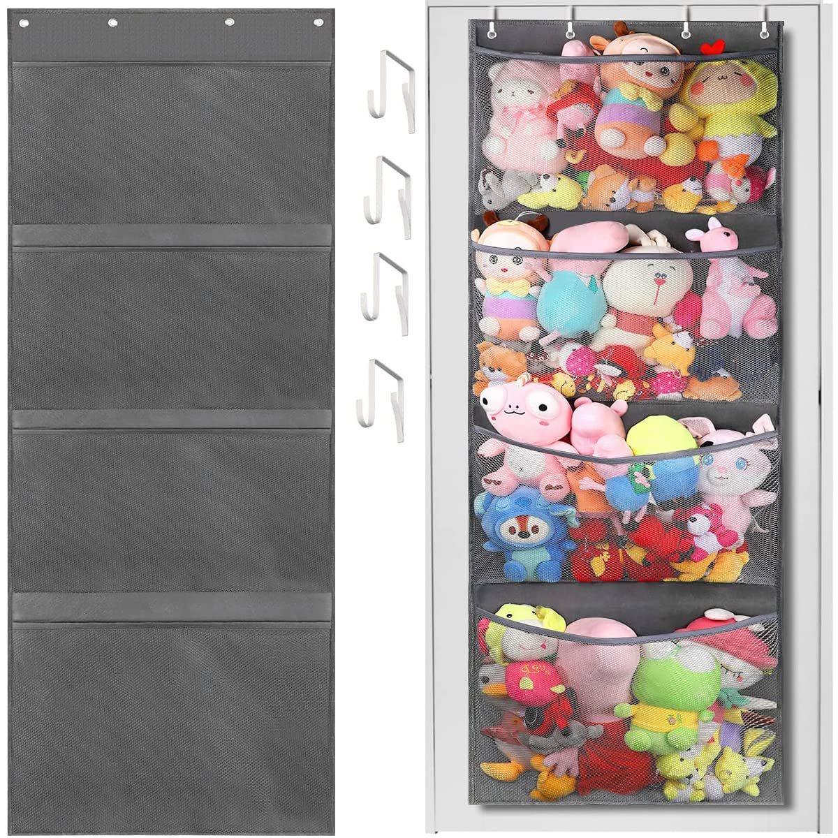 Fyeme Over Door Stuffed Animal Storage With 4 Large Pockets - Hanging Mesh Bags for Baby Plush Toys in Bedroom, Bathroom, Nursery, Kids Room (1pcs 165cm)