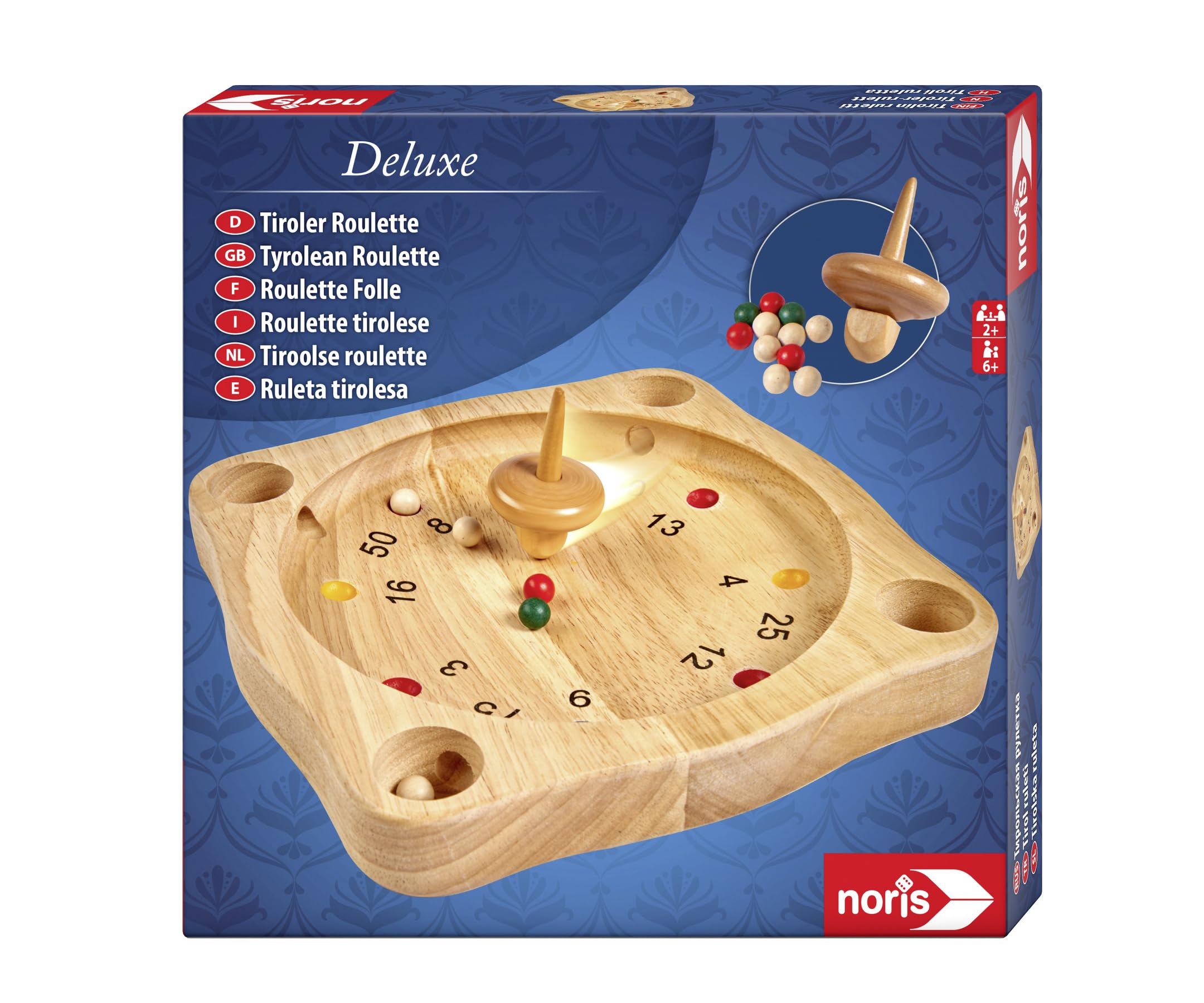 Noris 606101930 Deluxe Tyrolean Roulette, The Wooden Game Classic from the Alps with Wooden Spinning Top, from 6 Years, Brown