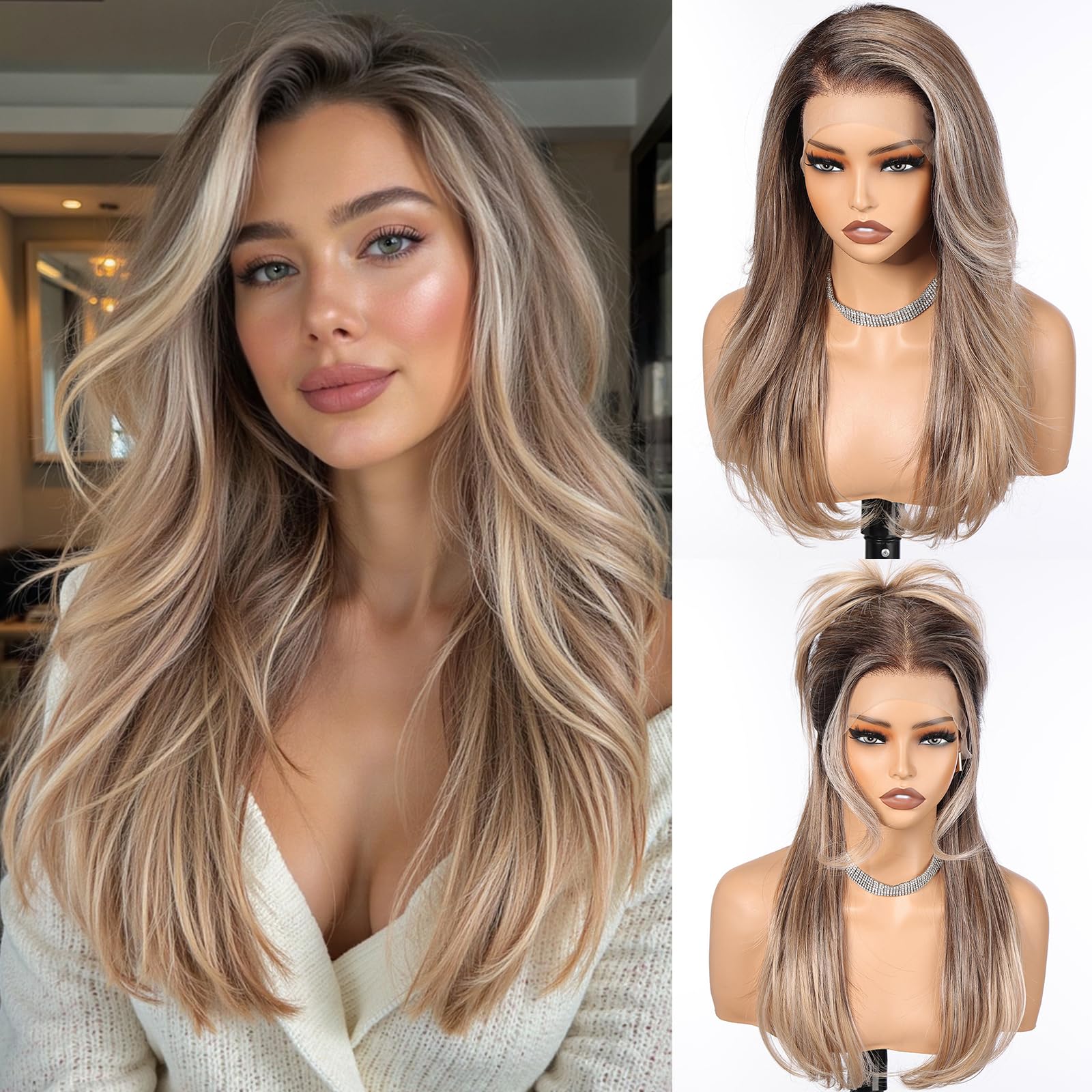 Photo 1 of HAIRCUBE Layered Ombre Ash Blonde Lace Front Wig, 13X6 HD Glueless Heat Resistant Synthetic Wig, 22 Inch Long Straight Hair for Women Daily Use
