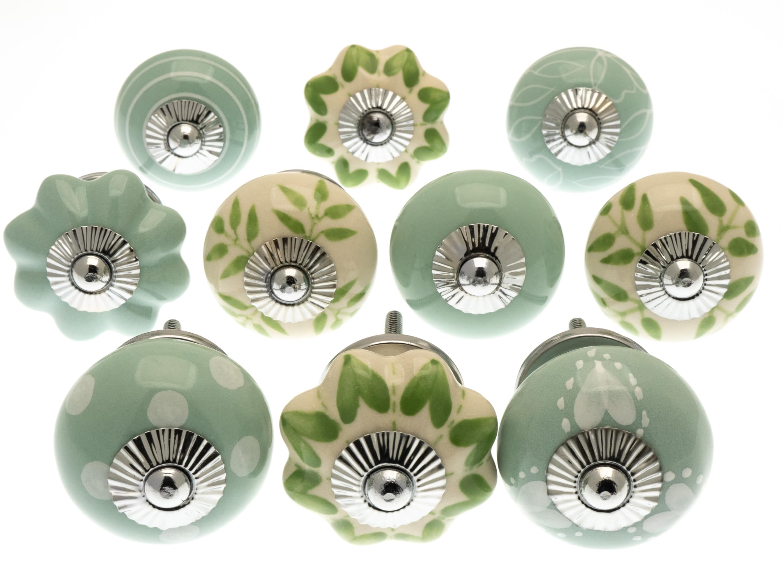 Mango Tree Vintage Cupboard Knob – Decorative Light Green and Cream with Patterns, Dots, Spots and Stripes Drawer Pull and Ceramic Door Handle – Elegant Hardware Set of 10