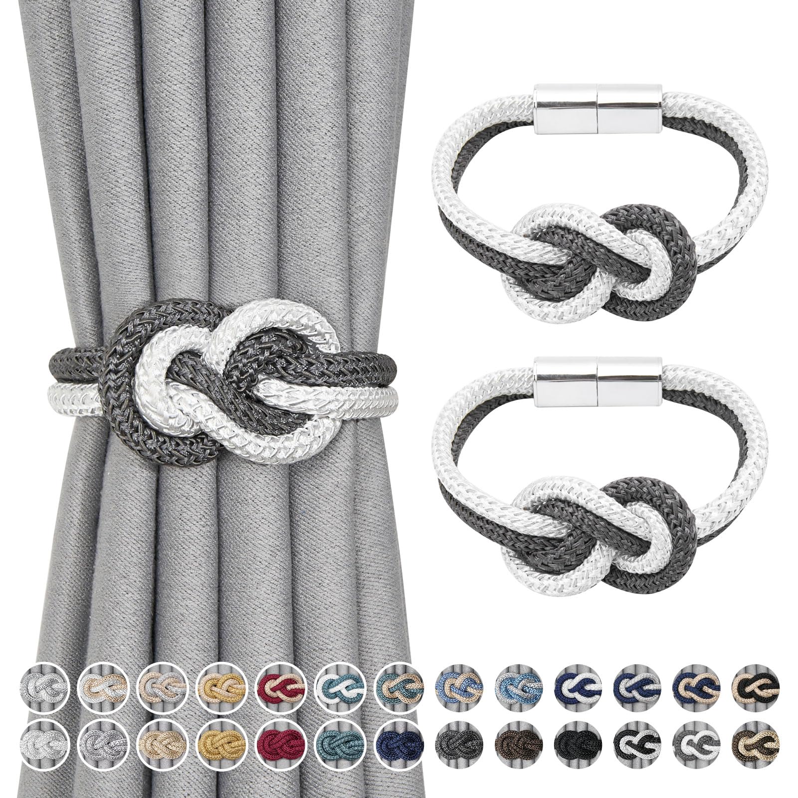 Pretty Jolly 2 Pack Mini Magnetic Curtain Tiebacks Nordic Simple Style Drape Tie Backs Elegant Hand Weave Rope Knot Decorative Curtain Holdbacks for Home & Office Window Drapery (Dark Grey & White)
