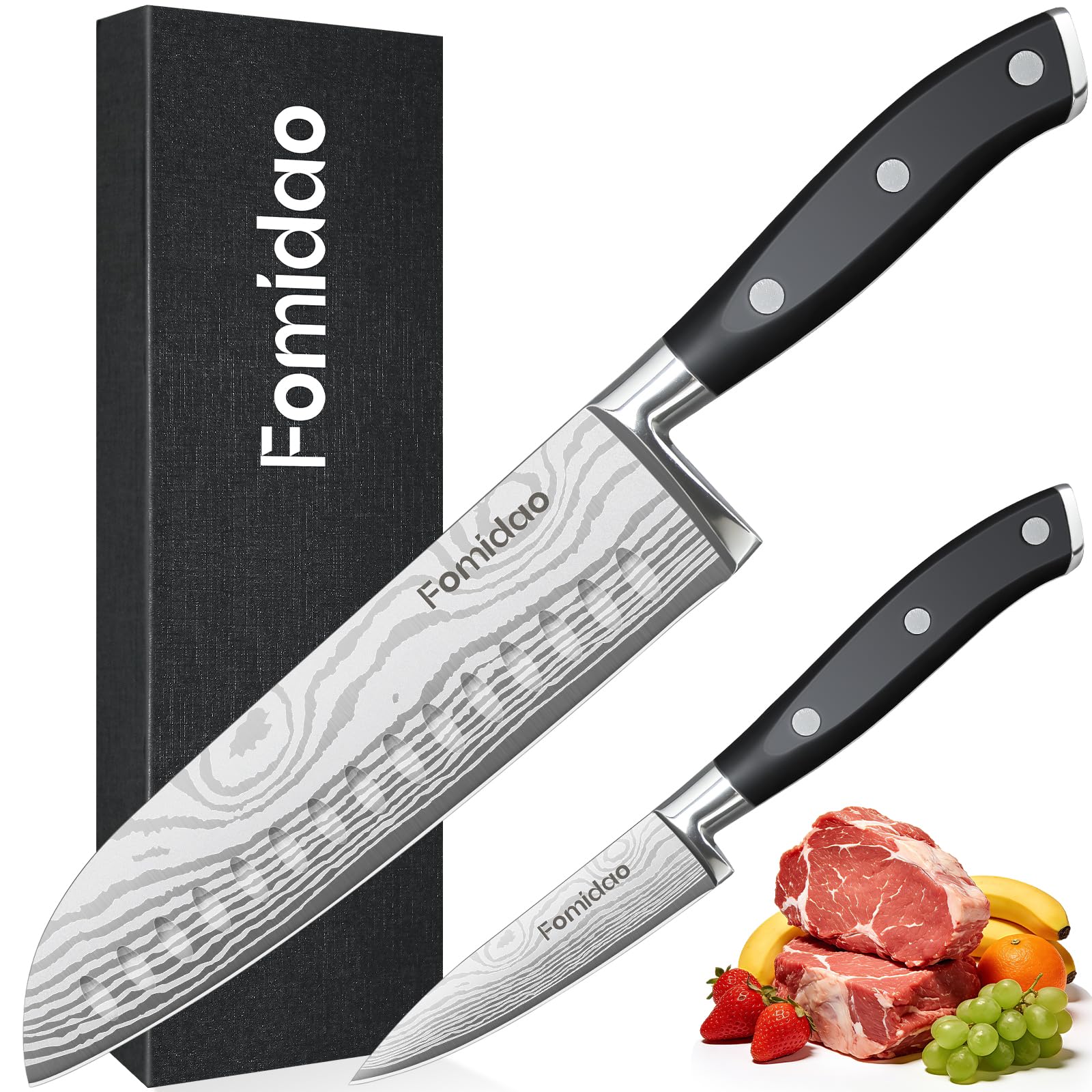Razor Sharp 2PCS Professional Kitchen Knife Set, 7 inch Santoku Knife and 3.5 inch Paring Knife, High Carbon Steel Damascus Pattern Japanese Chef Knife with Full Tang Handle Design for Home Kitchen