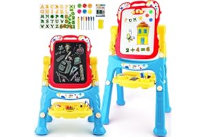 STEAM Life Large Art Easel for Kids, Double-Sided 4In1 Toddler Easel with Rotable Magnetic Chalkboard & White Drawing Board, Height Adjustable with Magnetic Letters & Numbers Gifts for Boys and Girls