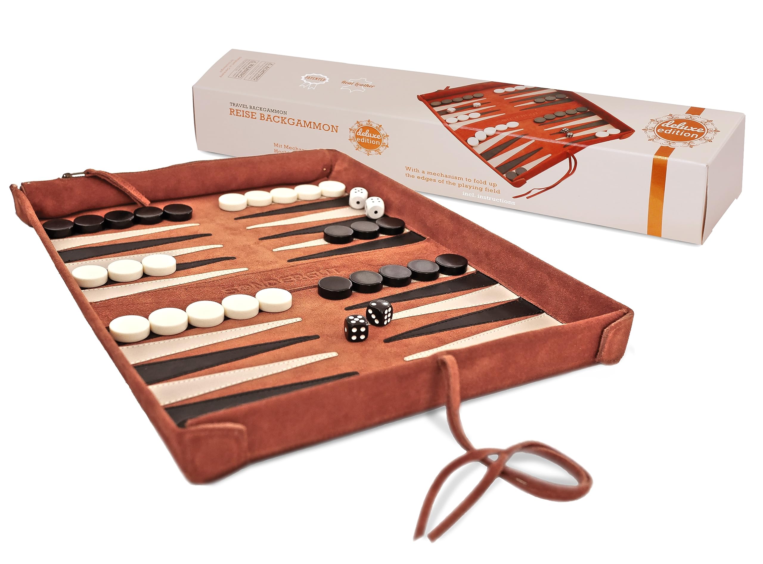 Sondergut Roll-up Portable Suede Deluxe Backgammon Game Set- Elegant Design - Pop-Up Playing Field - Ideal for RV Travel, Cruise, Airplane, Camping, Backpacking, Road Trips, Etc.