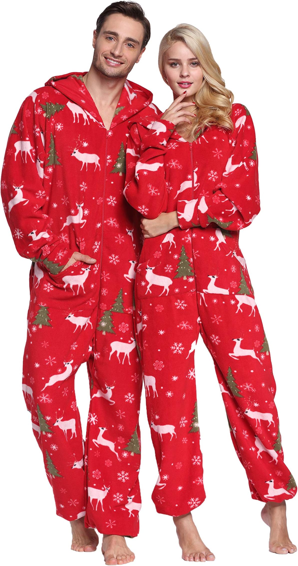 XMASCOMING Women's & Men's Hooded Fleece Onesies One-Piece Pajamas