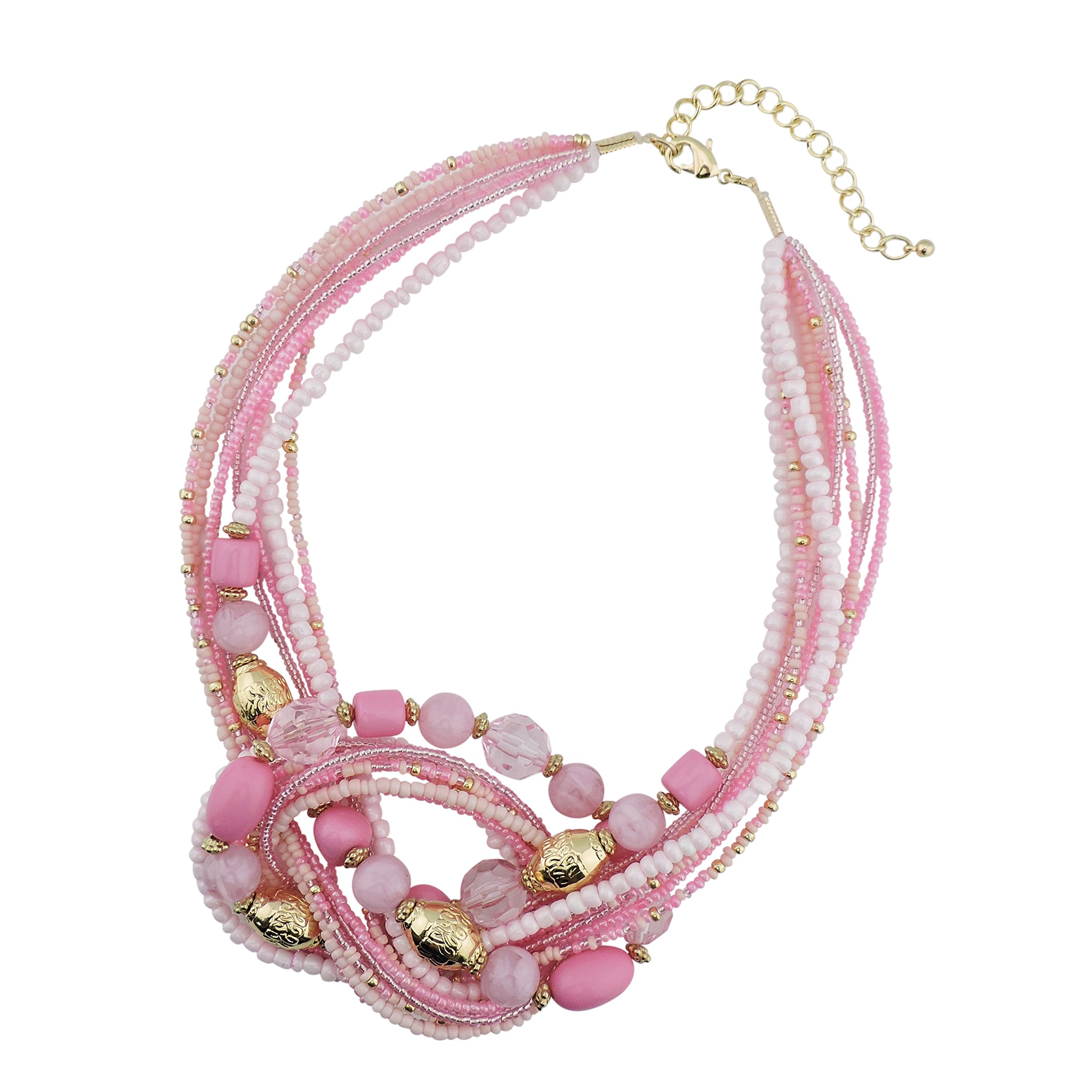 Bocar Aquamarine Seed Beads Antique Gold Multilayer Statement Collar Necklace (NK-10345-Pink)