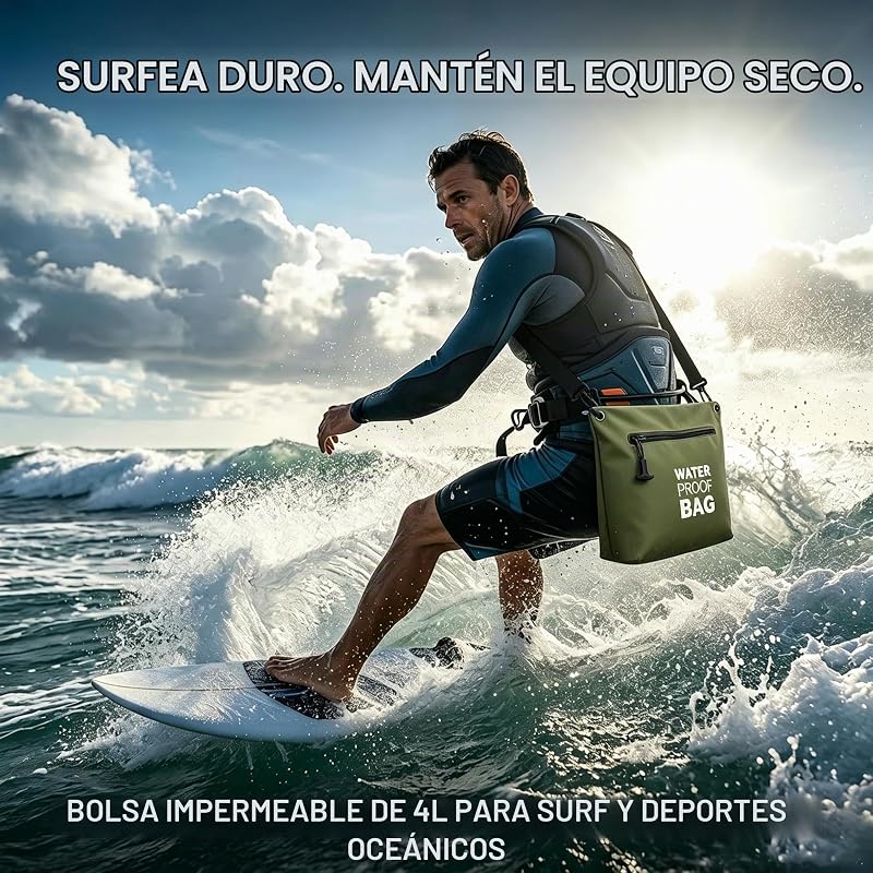 Bolsa Impermeable Bandolera con Cremallera Hermética, Bolsa Dry Bag Ligera con Correa Ajustable para Playa, Natación, Viajes y Uso Diario (Verde Militar)