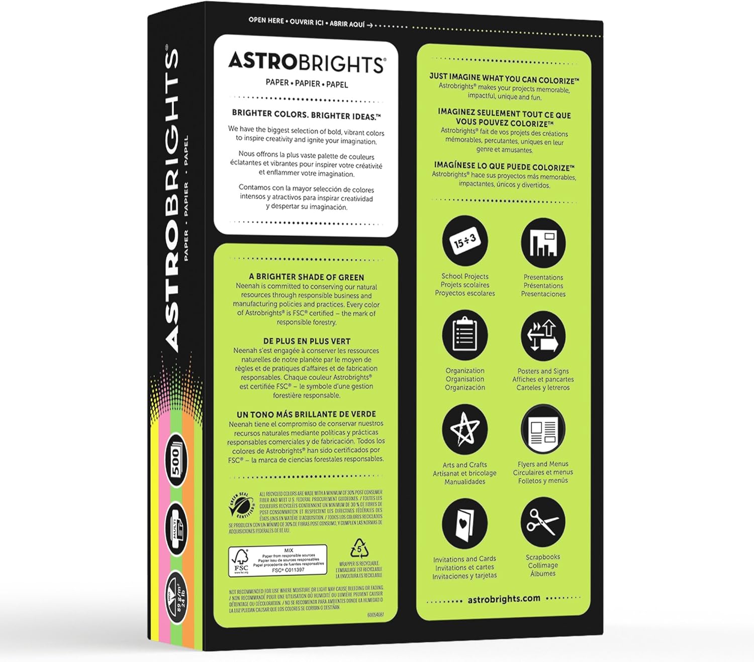 Neenah Astrobrights Colored Paper, 8.5" x 11", 24 lb/89 gsm, "Neon" 5-Color Assortment, 500 Sheets (20270) : Printer And Copier Paper : Office Products