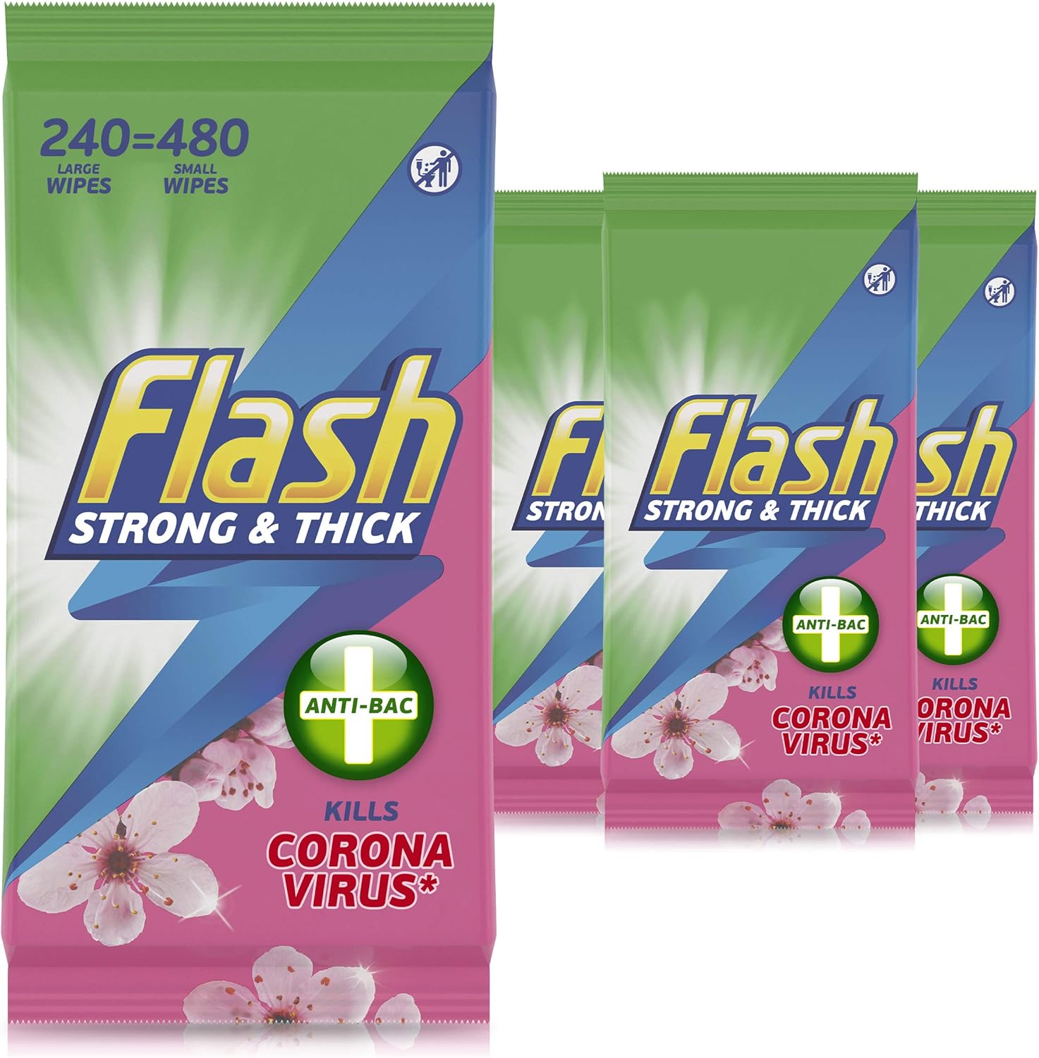 Flash Antibacterial Strong & Thick Cleaning Wipes, 240 Large Wipes (60