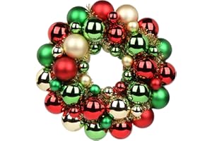 GNFLUS Christmas Ball Wreath 13" Xmas Wreaths Ornaments Glitter Thicken Shatterproof Garland Decoration for Door Wall Mantel Holiday Party Decor, Champagne Gold & Red & Green