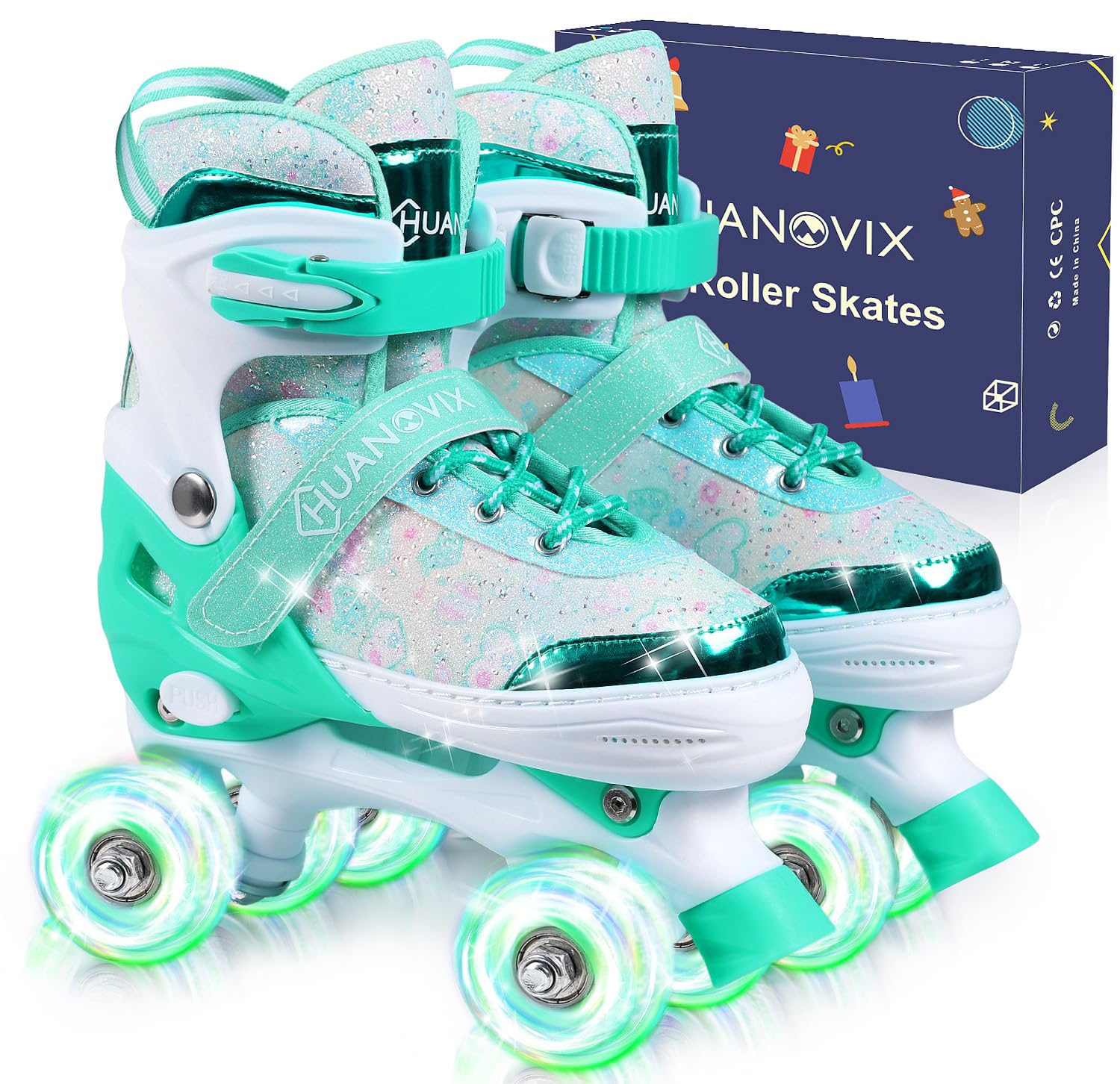Photo 1 of Huanovix Roller Skates for Kids, 4 Size Adjustable Rollerskates with Light Up Wheels, 10C to 6 Beginner Youth Roller Skates for Girls Boys Toddlers Indoor Outdoor, Teal, Small
