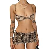 Bosloga Sexy 2 Piece Sets for Women Adjustable Straps Bra Top and Ruffle Shorts, Summer Trendy Gingham and Leopard Print