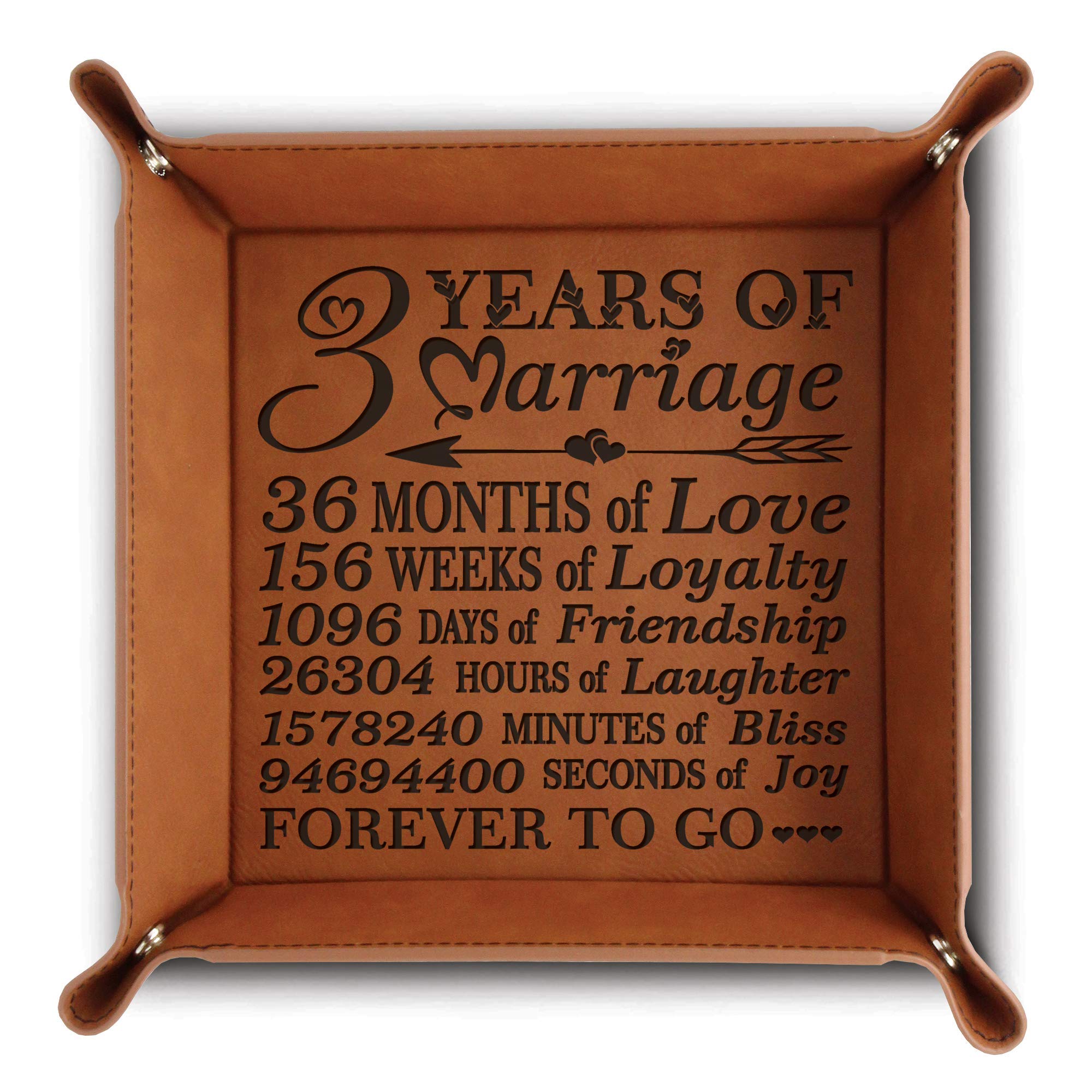 Photo 1 of 3 Years of Marriage-Forever to go-Engraved Leather Tray with Breakdown Dates-Storage & Organization Jewelry Trays (Rawhide)