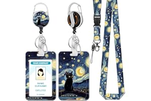 Hancynir Black Cat Lanyards for Id Badges, Starry Night Badge Holder with Retractable Reel Clip, Work Name Tags Keychain Lanyard with ID Holder, ID Card Protector for Women Teacher Nurse Doctor Office